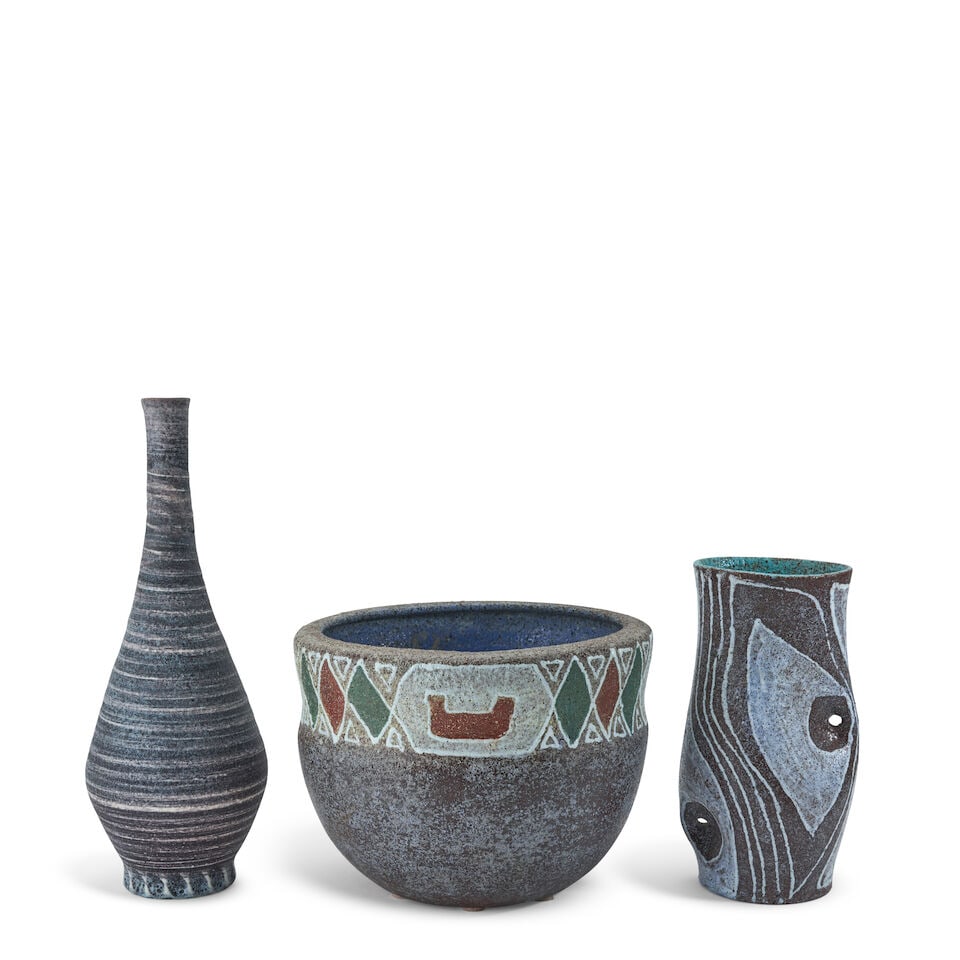 THREE POTERIE D'ACCOLAY VESSELS Accolay, France, c. 1960, glazed ceramic, all with incised marks... (1 of 2)