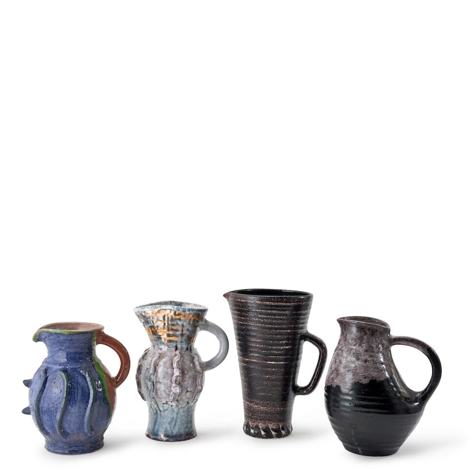 FOUR ACCOLAY PITCHERS Accolay, France, c. 1960, glazed earthenware, all with incised marks 'Acco... (1 of 2)