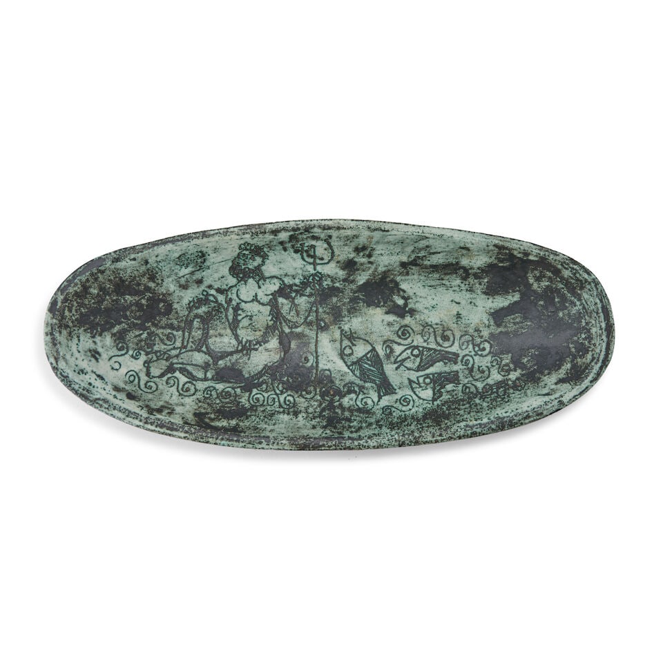 JACQUES BLIN (1920-1995) OVAL BOWL France, c. 1980, incised and glazed ceramic, depiction of Nep... (1 of 3)