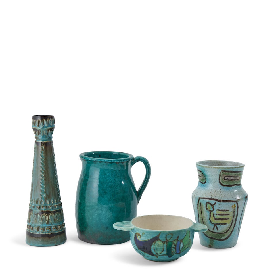 FOUR FRENCH MID-CENTURY MODERN STUDIO POTTERY ITEMS Marie-Christine Treinen bowl with handles, g...: FOUR FRENCH MID-CENTURY MODERN STUDIO POTTERY ITEMS Marie-Christine Treinen bowl with handles, glazed and enameled earthenware, illegible incised mark, ht. 2 5/8, handle to handle lg. 7, Poterie D'Acc