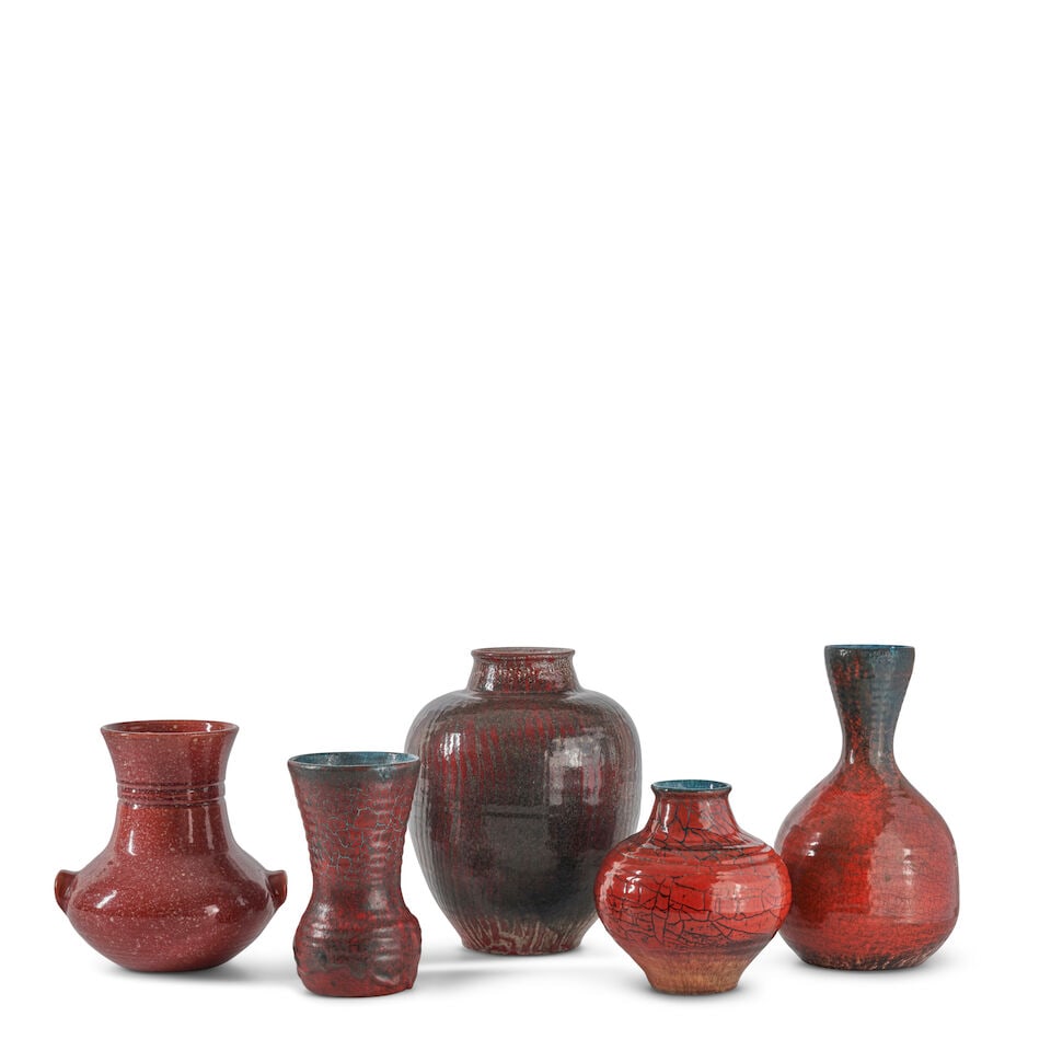 FIVE POTERIE D'ACCOLAY VASES Accolay, France, c. 1960, glazed ceramic, all with incised marks 'A... (1 of 2)