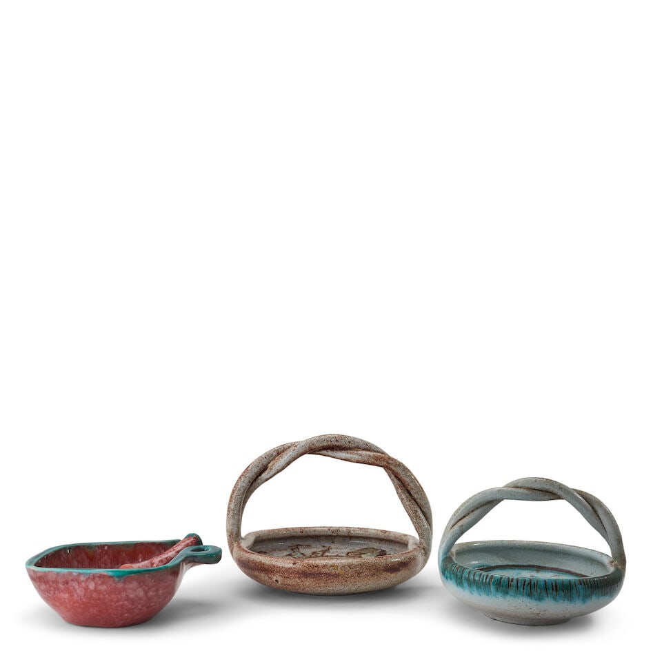 TWO ACCOLAY BASKETS AND A MORTAR AND PESTLE Accolay, France, c. 1960, glazed ceramic, all marked... (1 of 3)
