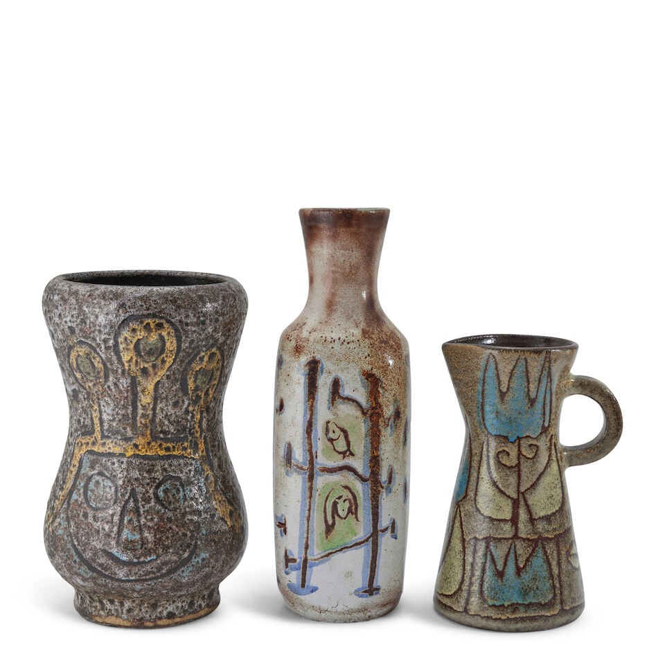 THREE POTERIE D'ACCOLAY VESSELS Accolay, France, c. 1965, glazed ceramic, all with incised marks... (1 of 2)