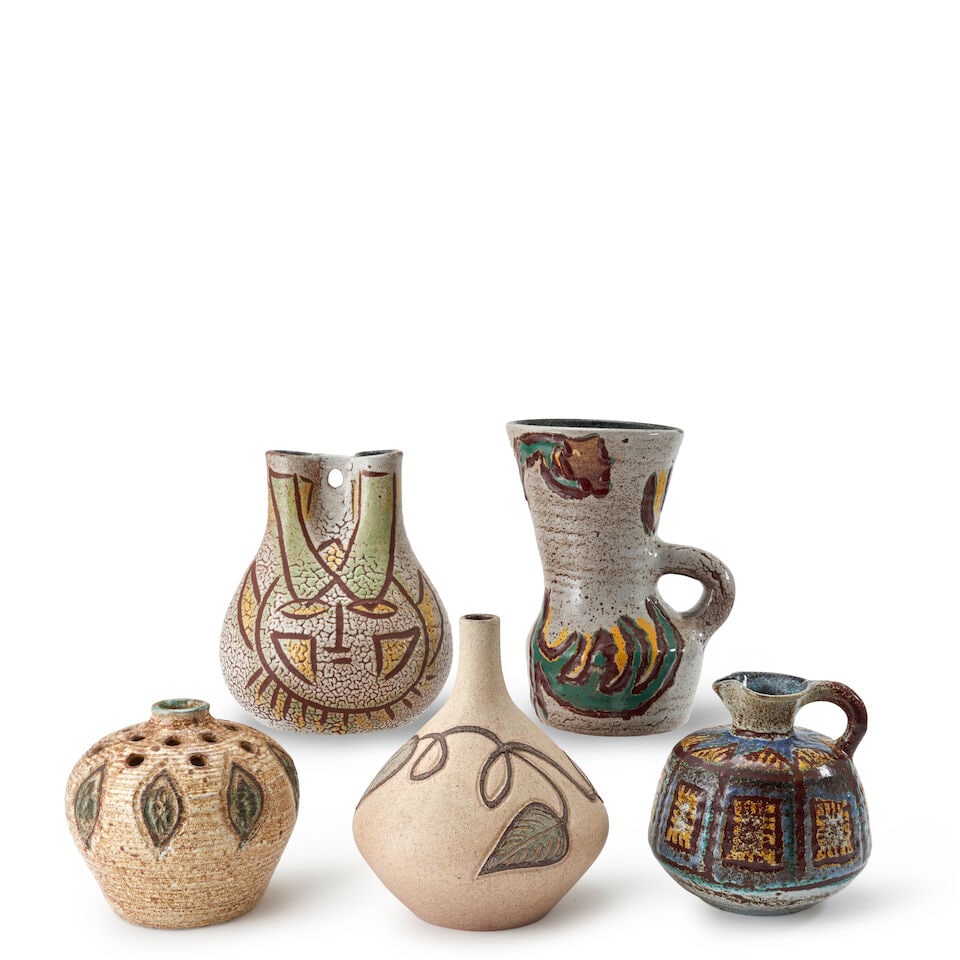 FIVE ACCOLAY VESSELS Accolay, France, c. 1960, glazed ceramic, all with incised mark 'Accolay,' ... (1 of 2)
