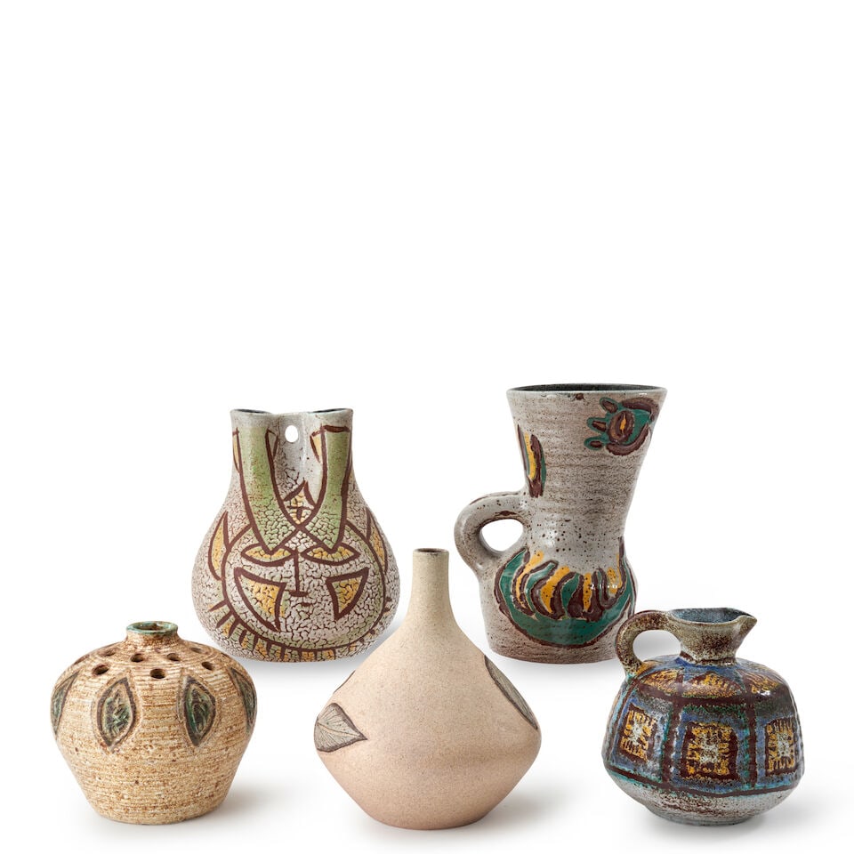 FIVE ACCOLAY VESSELS Accolay, France, c. 1960, glazed ceramic, all with incised mark 'Accolay,' ... - 2