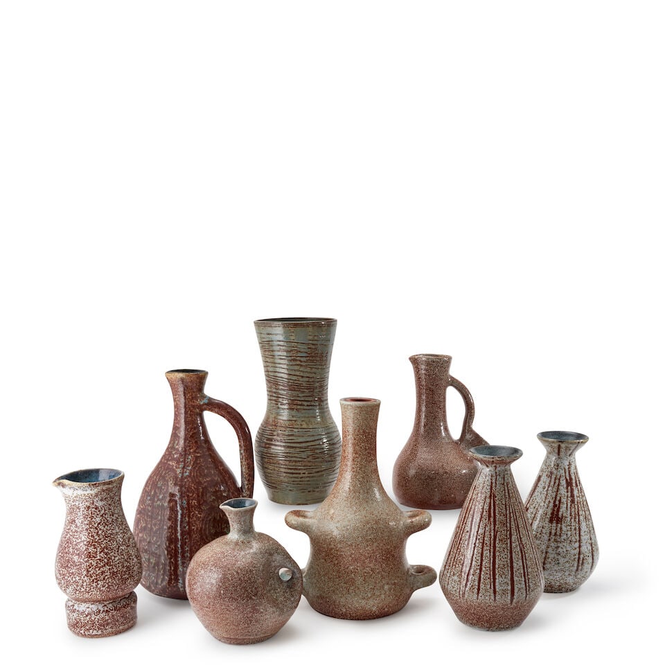EIGHT ACCOLAY VESSELS Accolay, France, c. 1960, glazed ceramic, all with incised marks 'Accolay'... (1 of 2)