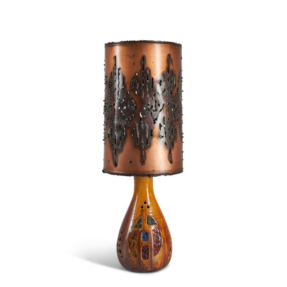 POTERIE D'ACCOLAY TABLE LAMP Accolay, France, c. 1960, glazed ceramic, glass, steel and brass fi... (1 of 2)