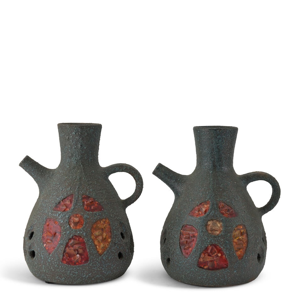 PAIR OF ACCOLAY EWERS France, c. 1960, marked with 'Accolay,' ht. 12 in.: PAIR OF ACCOLAY EWERS France, c. 1960, marked with 'Accolay,' ht. 12 in. Footnotes: Private Collection, St. Louis, Missouri. For further information on this lot please visit Bonhams.com For