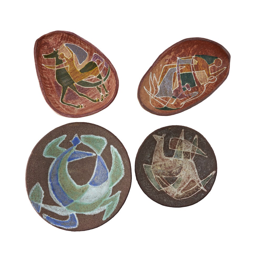 FOUR POTERIE D'ACCOLAY BOWLS Accolay, France, c. 1960, glazed ceramic, two free-form bowls with ... (1 of 3)