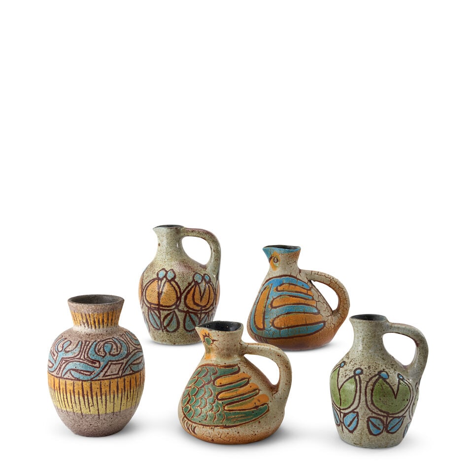 FIVE ACCOLAY VESSELS Accolay, France, c. 1960, glazed stoneware, all with incised marks, some gl... (1 of 2)
