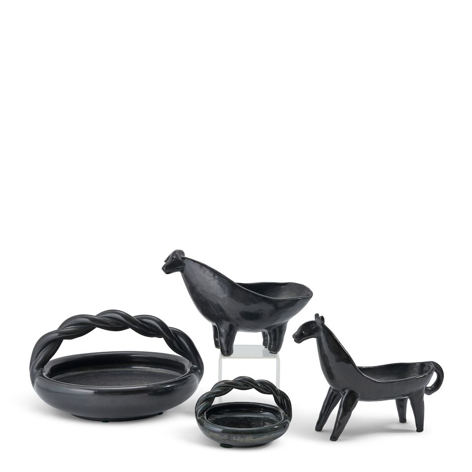 FOUR POTERIE D'ACCOLAY BLACK GLAZE BOWLS Accolay, France, c. 1960, glazed ceramic, all with inci... (1 of 2)