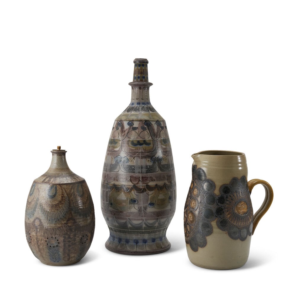 THREE PIECES OF MID-CENTURY MODERN QUIMPER/KERALUC POTTERY larger table lamp base, Antoine Lucas... (1 of 5)