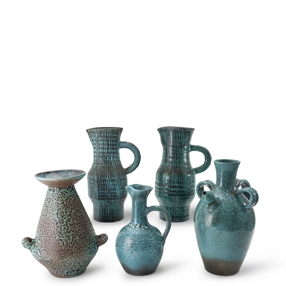 FIVE ACCOLAY VESSELS Accolay, France, c. 1960, glazed stoneware, all with incised mark 'Accolay,...: FIVE ACCOLAY VESSELS Accolay, France, c. 1960, glazed stoneware, all with incised mark 'Accolay,' some partly glaze-filled, some with additional maker's initials, two pitchers with vertical striation,