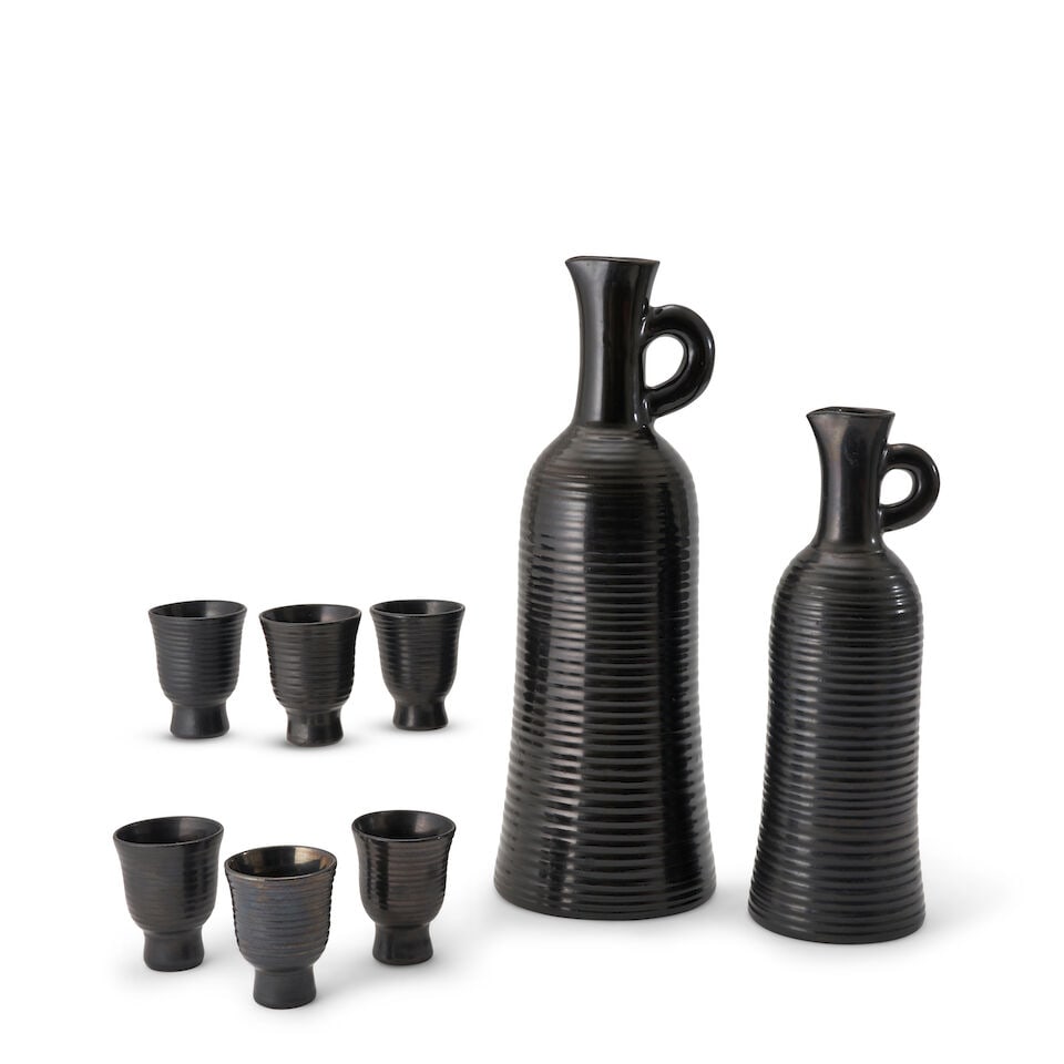 EIGHT-PIECE ACCOLAY DRINKS SET Accolay, France, c. 1960, glazed earthenware, all with incised ma... (1 of 2)