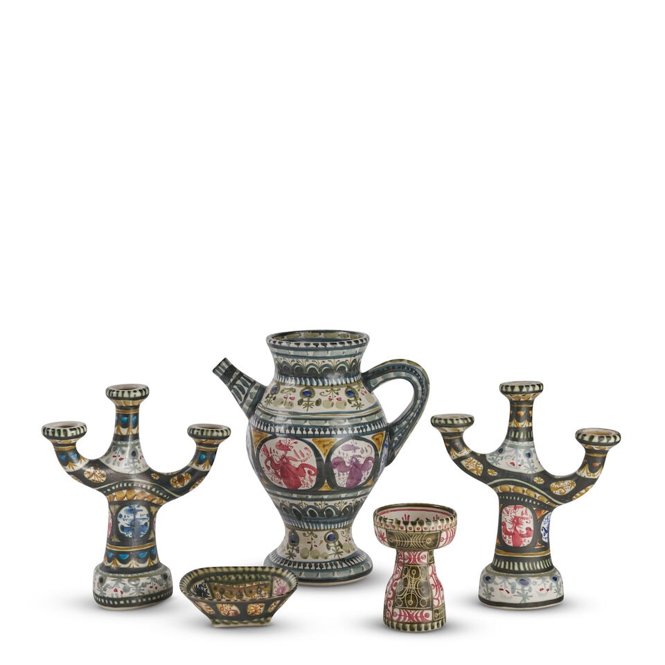 FIVE PIECES OF ANDRE L'HELGUEN (1935-2017) FOR KERALUC QUIMPER POTTERY France, c. 1960, glazed c... (1 of 2)