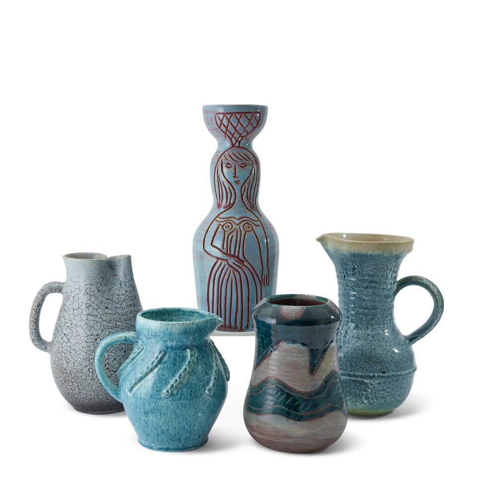 FIVE POTERIE D'ACCOLAY VESSELS Accolay, France, c. 1960, glazed ceramic, pitcher with wide mouth... (1 of 2)