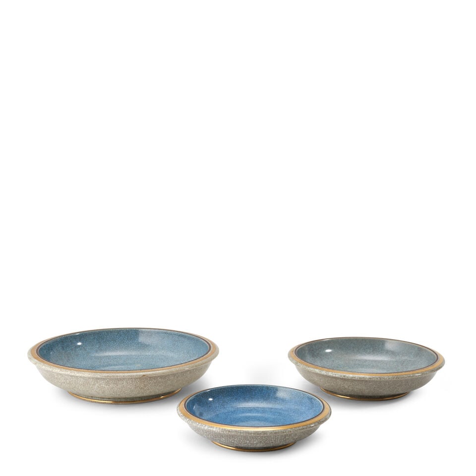 THREE THORKILD OLSEN FOR ROYAL COPENHAGEN PLATES Denmark, c. 1950, glazed and partial gilt porce...: THREE THORKILD OLSEN FOR ROYAL COPENHAGEN PLATES Denmark, c. 1950, glazed and partial gilt porcelain, ink stamp maker's mark and three blue lines, dia. 7 to 10 in. Footnotes: Private Collection, St.