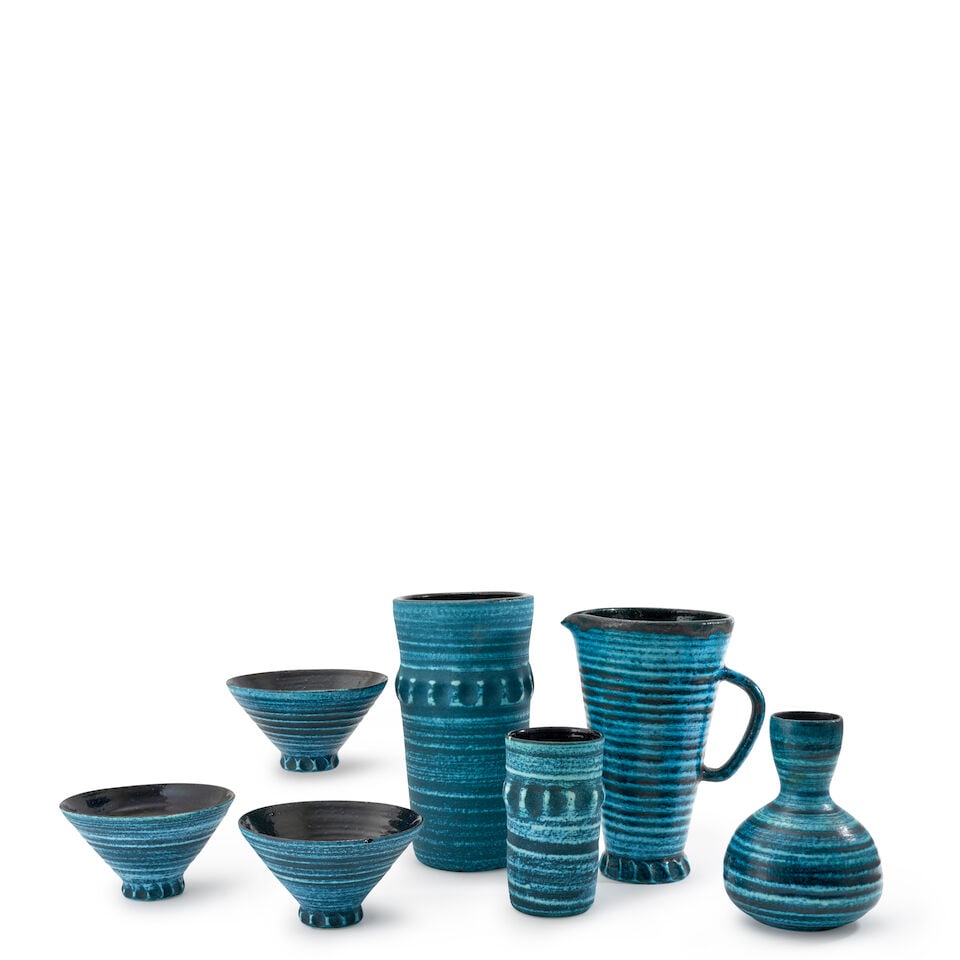 SEVEN ACCOLAY VESSELS Accolay, France, c. 1960, glazed ceramic, all except the pitcher with inc...: SEVEN ACCOLAY VESSELS Accolay, France, c. 1960, glazed ceramic, all except the pitcher with incised mark 'Accolay,' three conical bowls, ht. 3 1/2, dia. 6 1/8, vase with bulbous base, ht. 7, shorter c