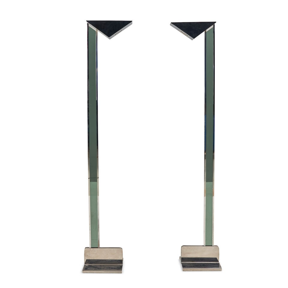 PAIR OF CONTEMPORARY CHROME AND GLASS TORCHIERES early 21st century, chromed steel, steel, tinte...: PAIR OF CONTEMPORARY CHROME AND GLASS TORCHIERES early 21st century, chromed steel, steel, tinted glass, double-ended halogen bulbs, sliding foot dimmers, unmarked, ht. 67 3/4, base, kg. 10 5/8, wd. 8