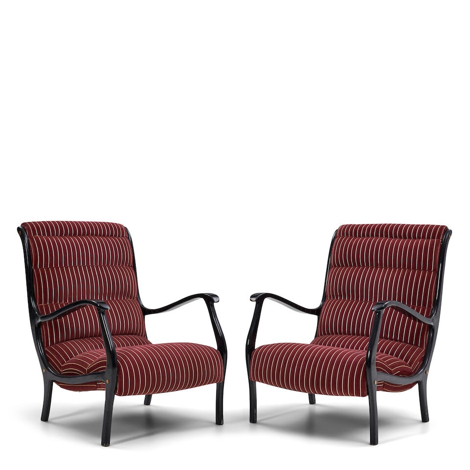 PAIR OF EZIO LONGHI FOR ELAM 'MITZI' LOUNGE CHAIRS Italy, 1950s, lacquered wood, original velvet...: PAIR OF DECO-STYLE LOUNGE CHAIRS late 20th/early 21st century, lacquered wood, upholstery, unmarked, ht. 33, seat ht. 15, wd. 24 1/4, dp. 28 1/2 in. For further information on this lot please visit