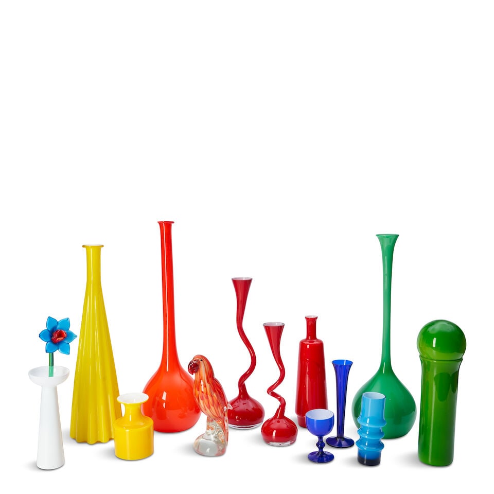 THIRTEEN PIECES OF MODERN ART GLASS late 20th/early 21st century, two Normann Copenhagen 'Swing'...: THIRTEEN PIECES OF MODERN ART GLASS late 20th/early 21st century, two Normann Copenhagen 'Swing' vases, plastic labels, ht. 11 1/2 to 15 1/2, Murano parrot, unmarked, ht. 9 1/2, ten mold and handblown