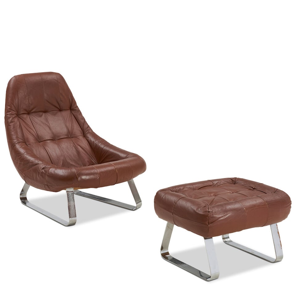 PERCIVAL LAFER (B. 1936) EARTH CHAIR AND OTTOMAN Sao Paulo, Brazil, c. 1970, leather and chrome,...: PERCIVAL LAFER (B. 1936) EARTH CHAIR AND OTTOMAN Sao Paulo, Brazil, c. 1970, leather and chrome, partial paper label, overall ht. 33 1/2, seat ht. 14 1/4, seat dp. 18, ottoman ht. 15 in. For further i