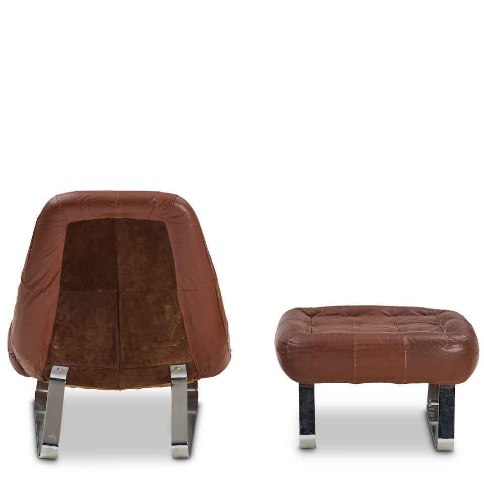 PERCIVAL LAFER (B. 1936) EARTH CHAIR AND OTTOMAN Sao Paulo, Brazil, c. 1970, leather and chrome,... - 2