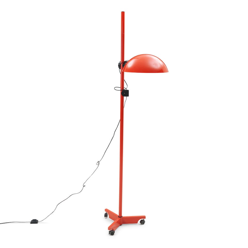 ELIO MARTINELLI (1922-2004) FOR MARTINELLI LUCE ADJUSTABLE FLOOR LAMP Italy, 1970s, enameled ste...: ELIO MARTINELLI (1922-2004) FOR MARTINELLI LUCE ADJUSTABLE FLOOR LAMP Italy, 1970s, enameled steel, aluminum, plastic, single socket, maker's logo and 'Mod. 2180 Made in Italy,' ht. 79, shade dia. 15