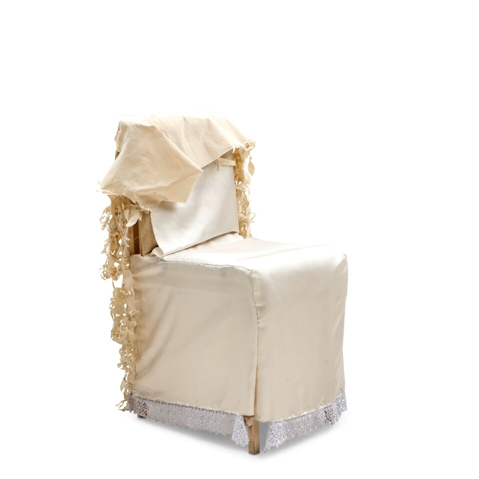 TORD BOONTJE (B. 1968) FOR STUDIO TORD BOONTJE 'THE END OF EVENING CHAIR' England, dated 2004, s...: TORD BOONTJE (B. 1968) FOR STUDIO TORD BOONTJE 'THE END OF EVENING CHAIR' England, dated 2004, stained wood, acrylic padding, plastic strapping, cotton and rayon fabrics, signed 'Tord Boontje 2004,'