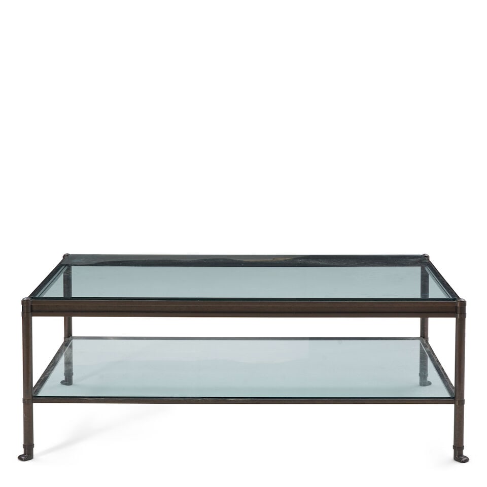 HOLLY HUNT D'ORSAY COCKTAIL TABLE late 20th century, patinated metal, glass, unmarked, ht. 18, w...: HOLLY HUNT D'ORSAY COCKTAIL TABLE late 20th century, patinated metal, glass, unmarked, ht. 18, wd. 49, dp. 32 1/2 in. For further information on this lot please visit Bonhams.com For further informati