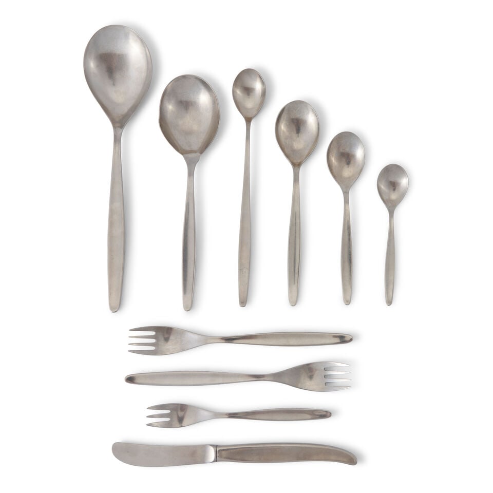 WILHELM WAGENFELD (1900-1990) FOR WMF 'FORM 3600' BRUSHED STAINLESS PARTIAL FLATWARE SERVICE Ge...: WILHELM WAGENFELD (1900-1990) FOR WMF 'FORM 3600' BRUSHED STAINLESS PARTIAL FLATWARE SERVICE Germany, mid-20th century, all with 'WMF Cromargan' mark, eight luncheon forks, eight luncheon knives,