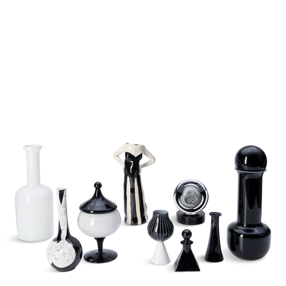 NINE PIECES OF MODERN ART GLASS AND CERAMICS paperweight, Paul Harrie (1951-2016), California, l...: NINE PIECES OF MODERN ART GLASS AND CERAMICS paperweight, Paul Harrie (1951-2016), California, late 20th century, glass, artist's signature and paper label, dia. 4 3/4, figural vase, Terri Cody,