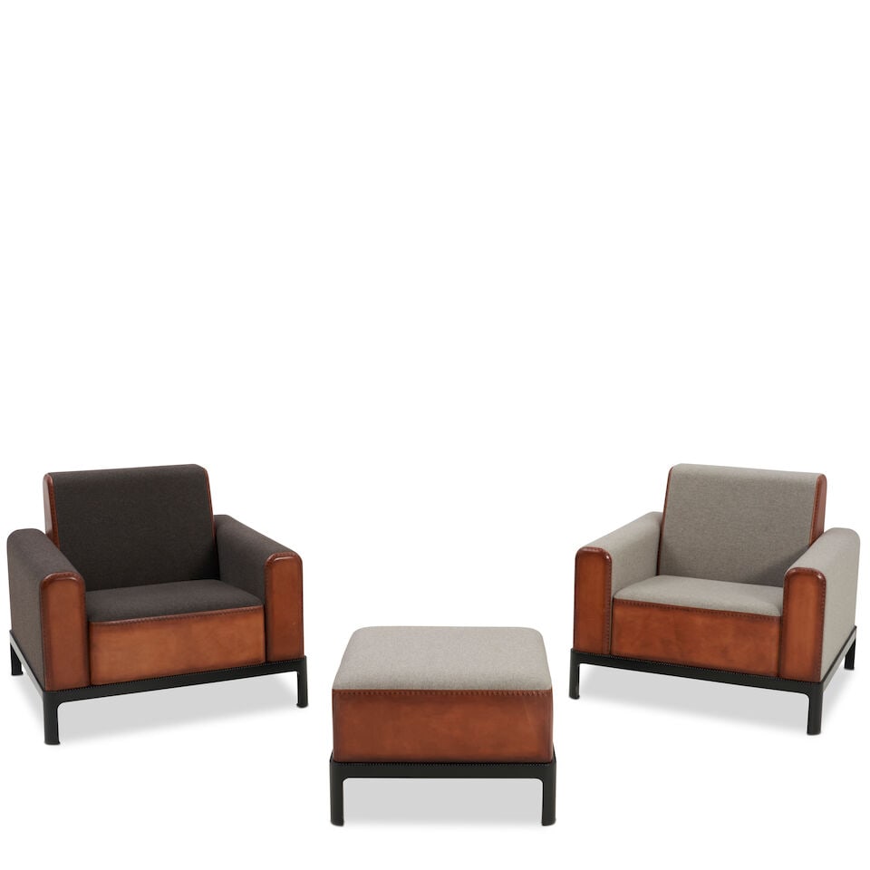 TWO BERLUTI 'SWANN' CLUB CHAIRS AND ONE OTTOMAN Paris, France, c. 2021, leather, wool, enameled ...: TWO BERLUTI 'SWANN' CLUB CHAIRS AND ONE OTTOMAN Paris, France, c. 2021, leather, wool, enameled wood, embossed leather labels 'Berluti Paris,' chairs, ht. 30, seat ht. 16 1/2, wd. 34 1/2, dp. 33, otto