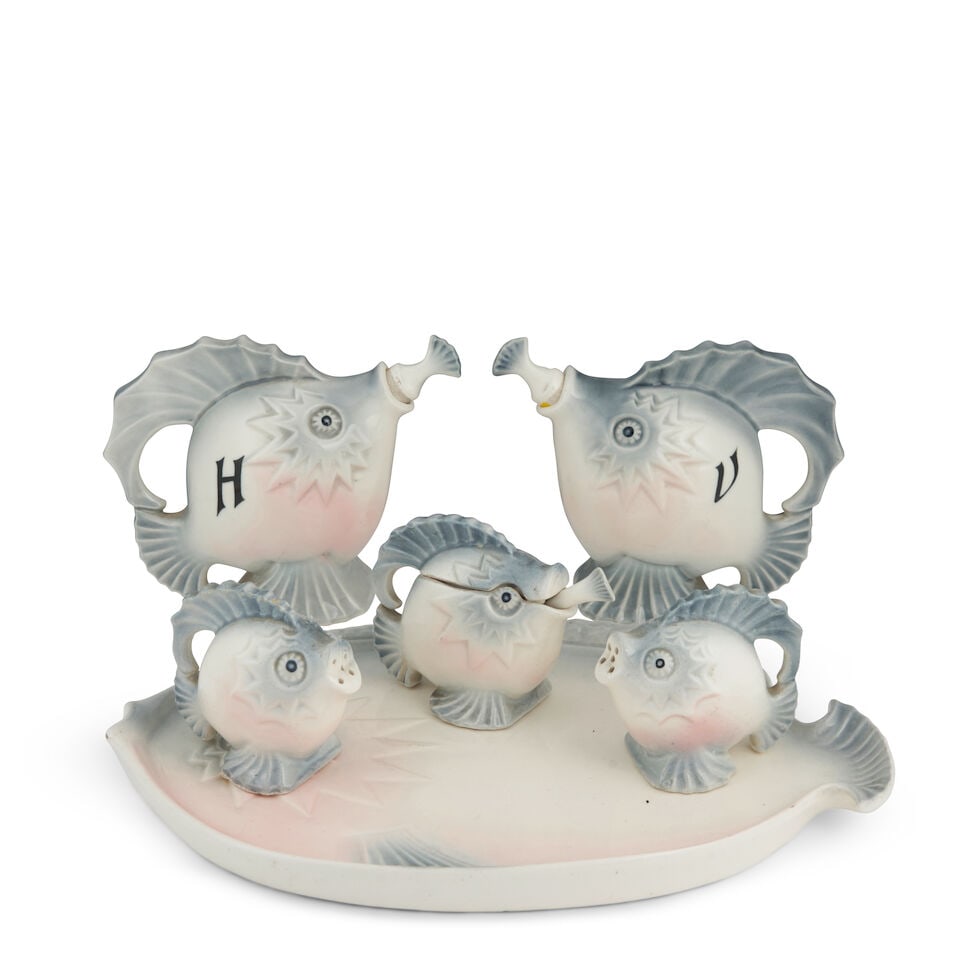 SIX-PIECE CZECH PORCELAIN FISH-FORM CONDIMENT SET Czech Republic, c. 1960, ink stamp marks 'Made...: SIX-PIECE CZECH PORCELAIN FISH-FORM CONDIMENT SET Czech Republic, c. 1960, ink stamp marks 'Made in Czechoslovakia,' mustard pot with spoon, ht. 2 3/4, salt and pepper shakers, ht. 2 3/4, two