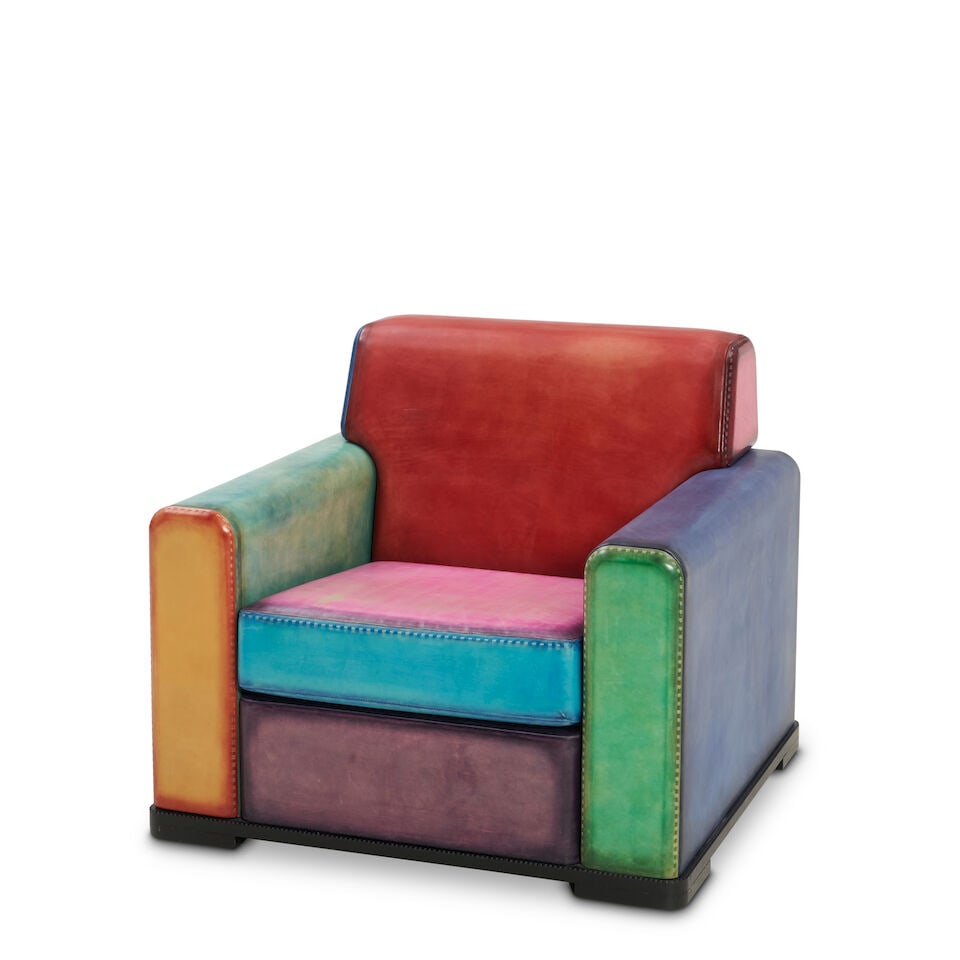 BERLUTI 'MARBEUF' CLUB CHAIR Paris, France, c. 2021, leather, enameled wood, unmarked, ht. 30 1/... (1 of 4)