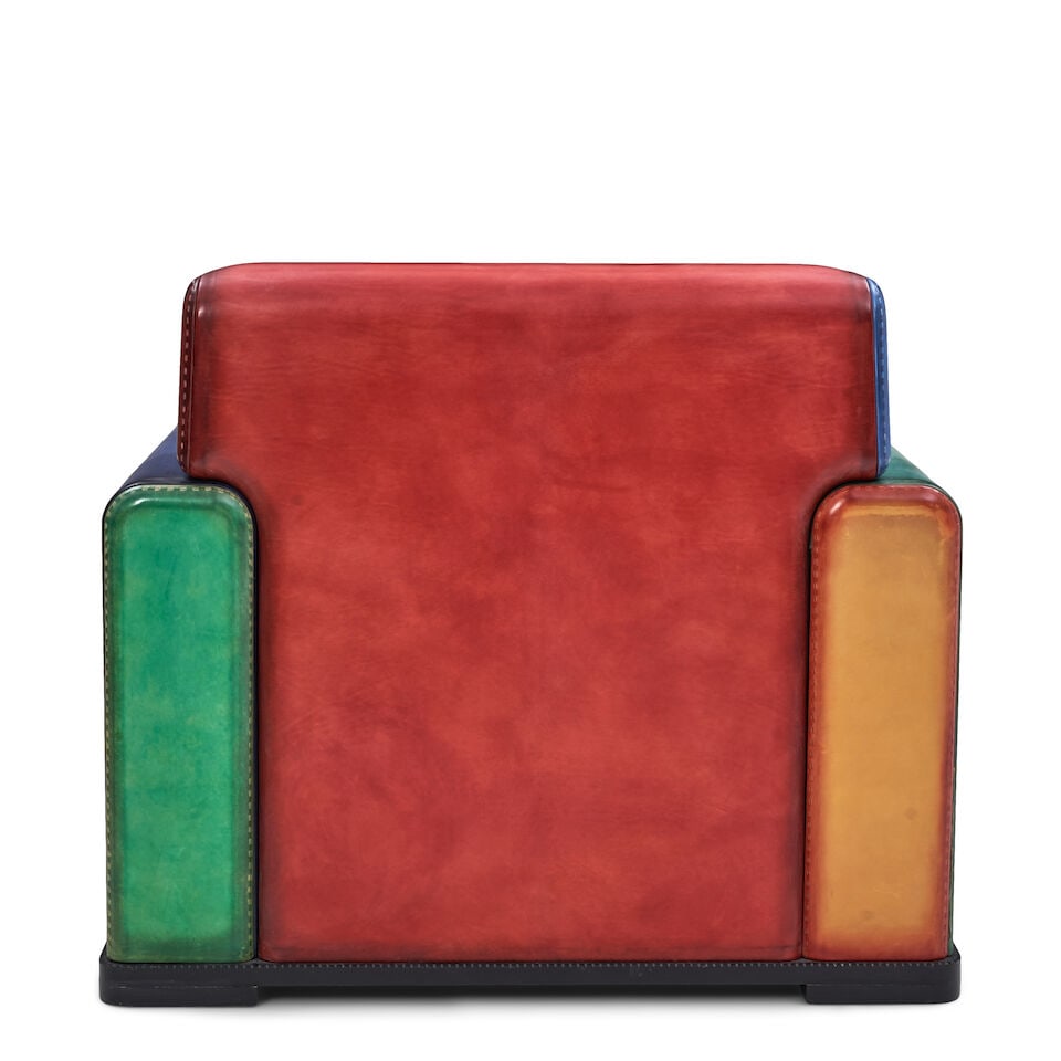 BERLUTI 'MARBEUF' CLUB CHAIR Paris, France, c. 2021, leather, enameled wood, unmarked, ht. 30 1/... - 2