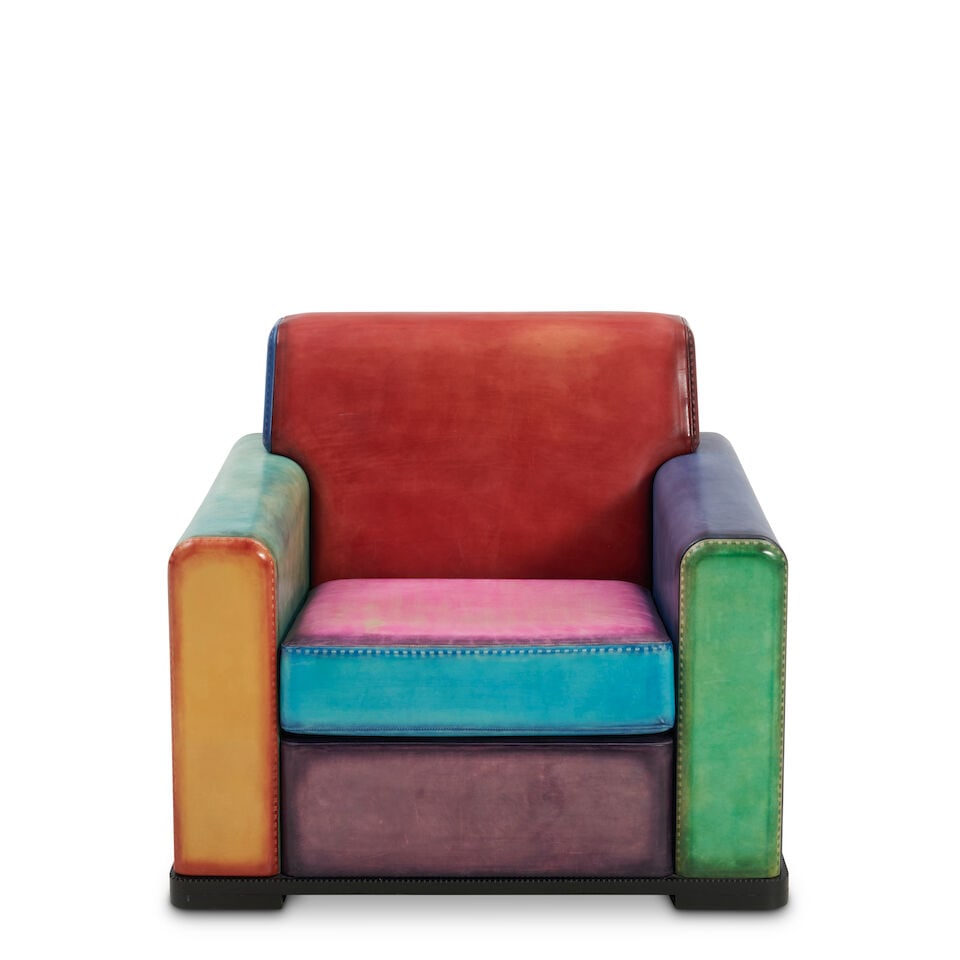 BERLUTI 'MARBEUF' CLUB CHAIR Paris, France, c. 2021, leather, enameled wood, unmarked, ht. 30 1/... - 4