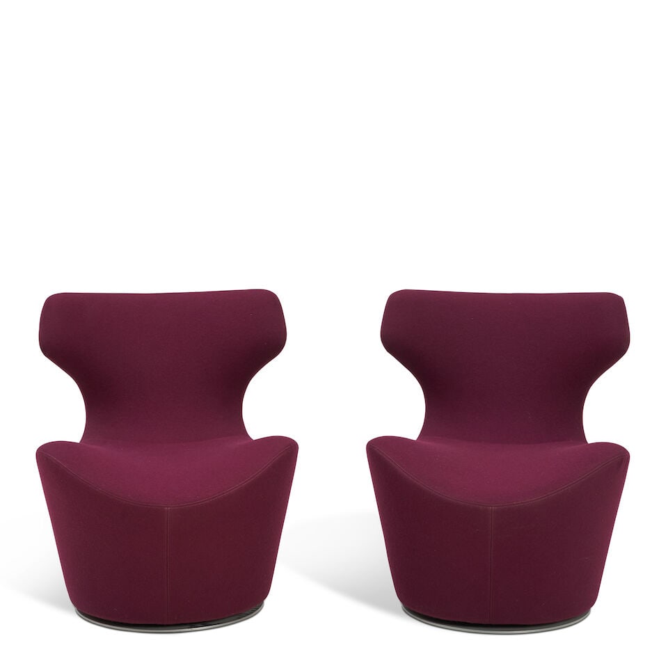 PAIR OF NAOTO FUKASAWA (B. 1956) FOR B&B ITALIA 'PICCOLA PAPILIO' SWIVEL ARMCHAIRS Italy, design...: PAIR OF NAOTO FUKASAWA (B. 1956) FOR B&B ITALIA 'PICCOLA PAPILIO' SWIVEL ARMCHAIRS Italy, designed 2010, steel, polyurethane, plastic, upholstery, maker's paper labels and product content labels, ht.