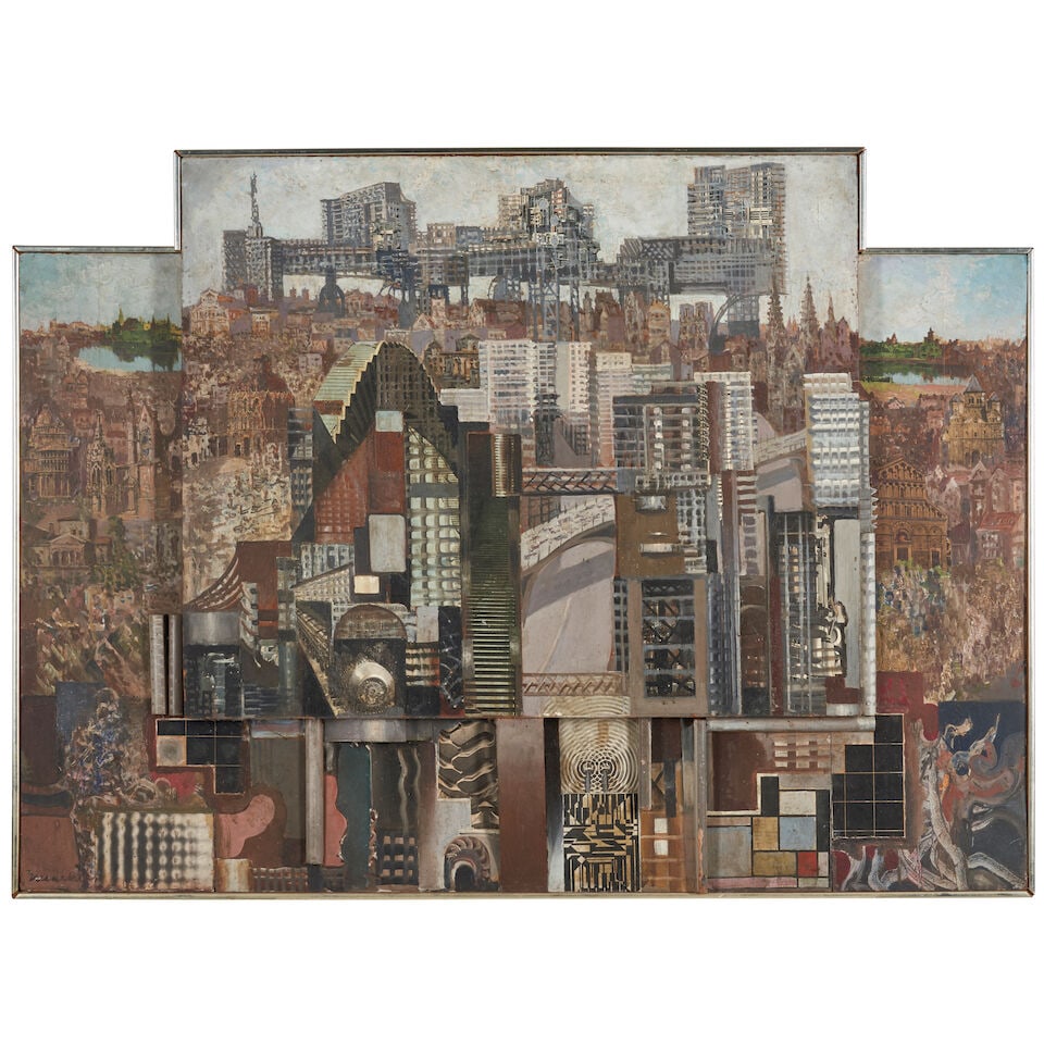 AMERICAN SCHOOL, 20TH CENTURY Urban Landscapesigned indistinctly 'Knack...' (lower left)acrylic... (1 of 2)