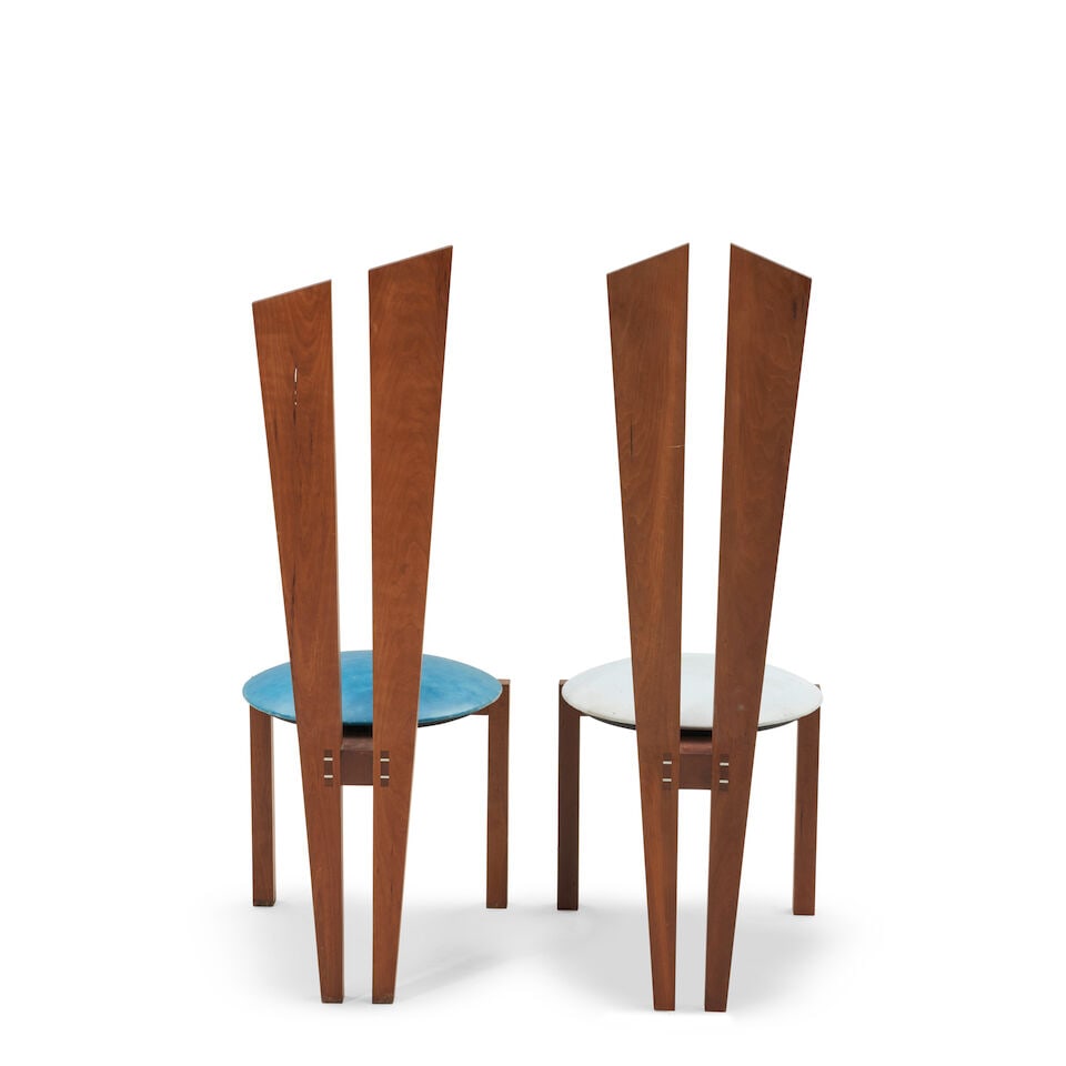 TWO STUDIO FURNITURE HIGHBACK SIDE CHAIRS United States, c. 1980, walnut, plastic and faux swede... - 2