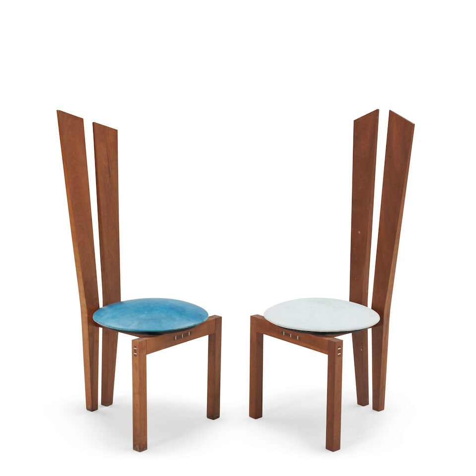 TWO STUDIO FURNITURE HIGHBACK SIDE CHAIRS United States, c. 1980, walnut, plastic and faux swede... - 3