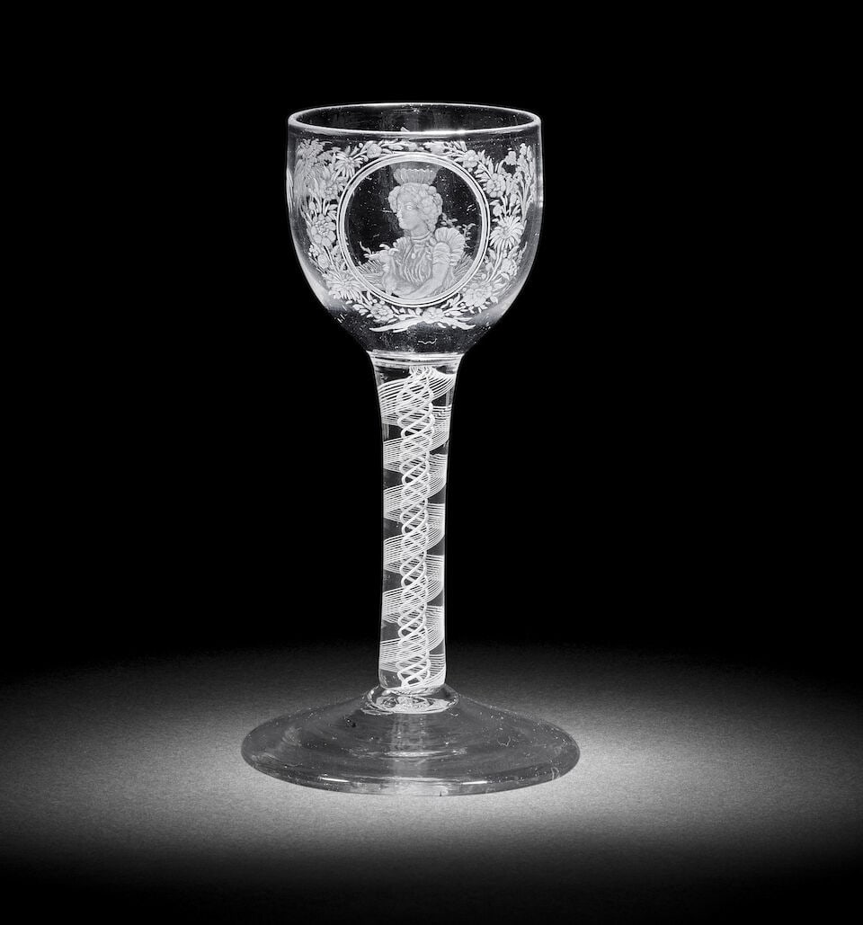 An interesting engraved opaque twist portrait wine glass, circa 1765 (1 of 1)