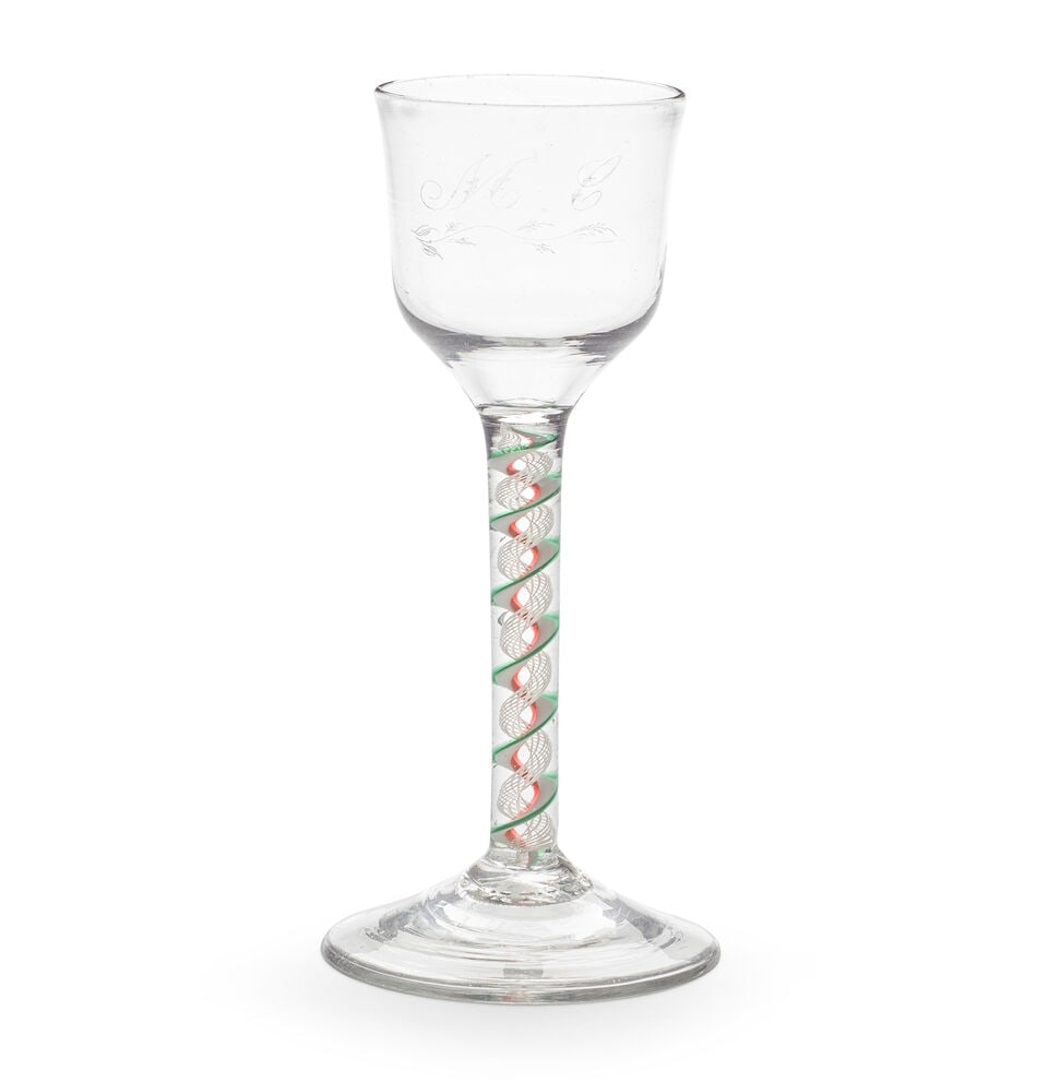 An engraved red and green colour twist wine glass, circa 1765 (1 of 1)
