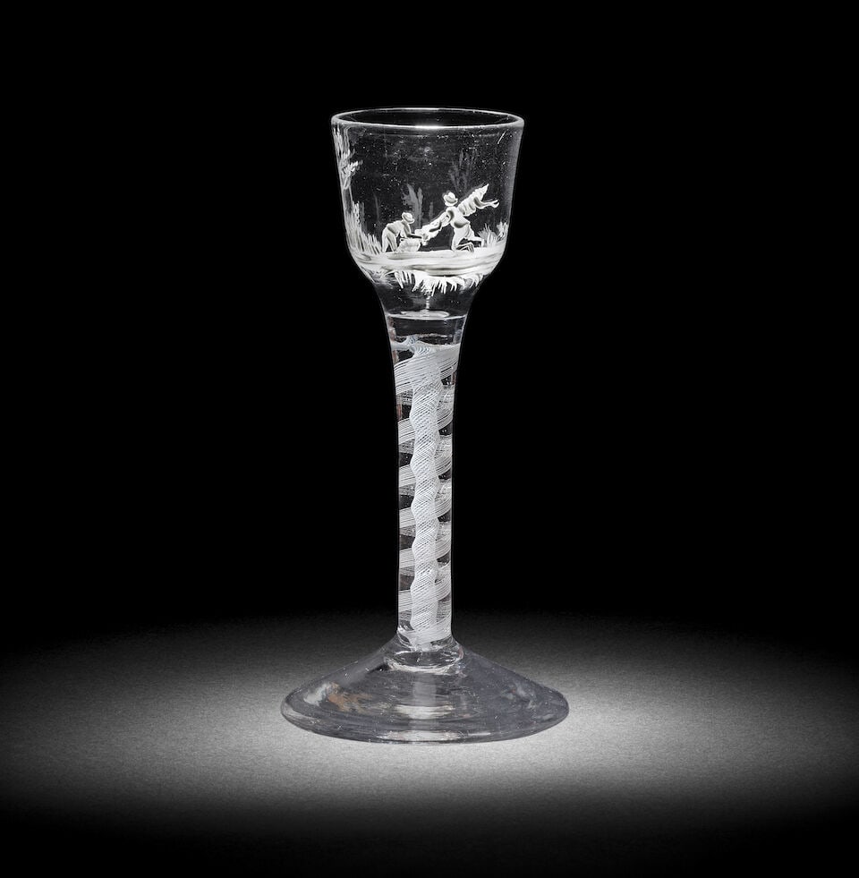 An enamelled opaque twist wine glass in Beilby style, circa 1765 (1 of 1)