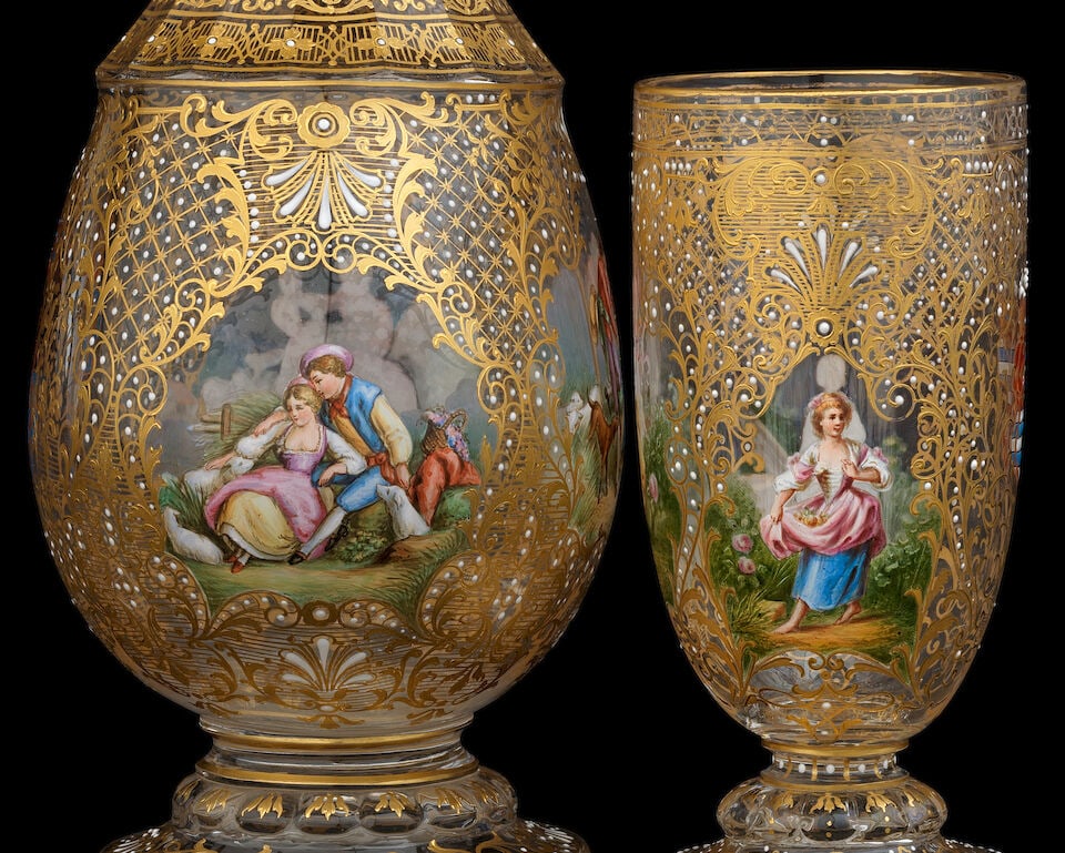 A fine Lobmeyer gilded and enamelled decanter and stopper, and a goblet, circa 1893 - 5