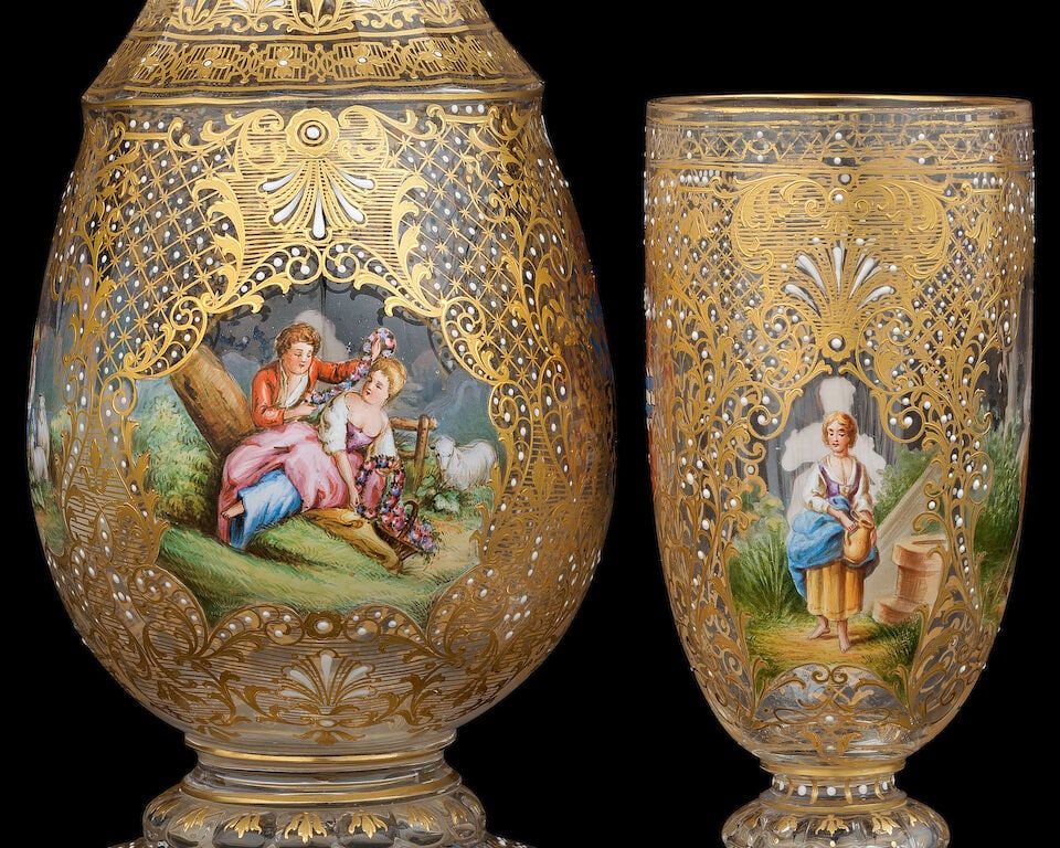 A fine Lobmeyer gilded and enamelled decanter and stopper, and a goblet, circa 1893 - 6