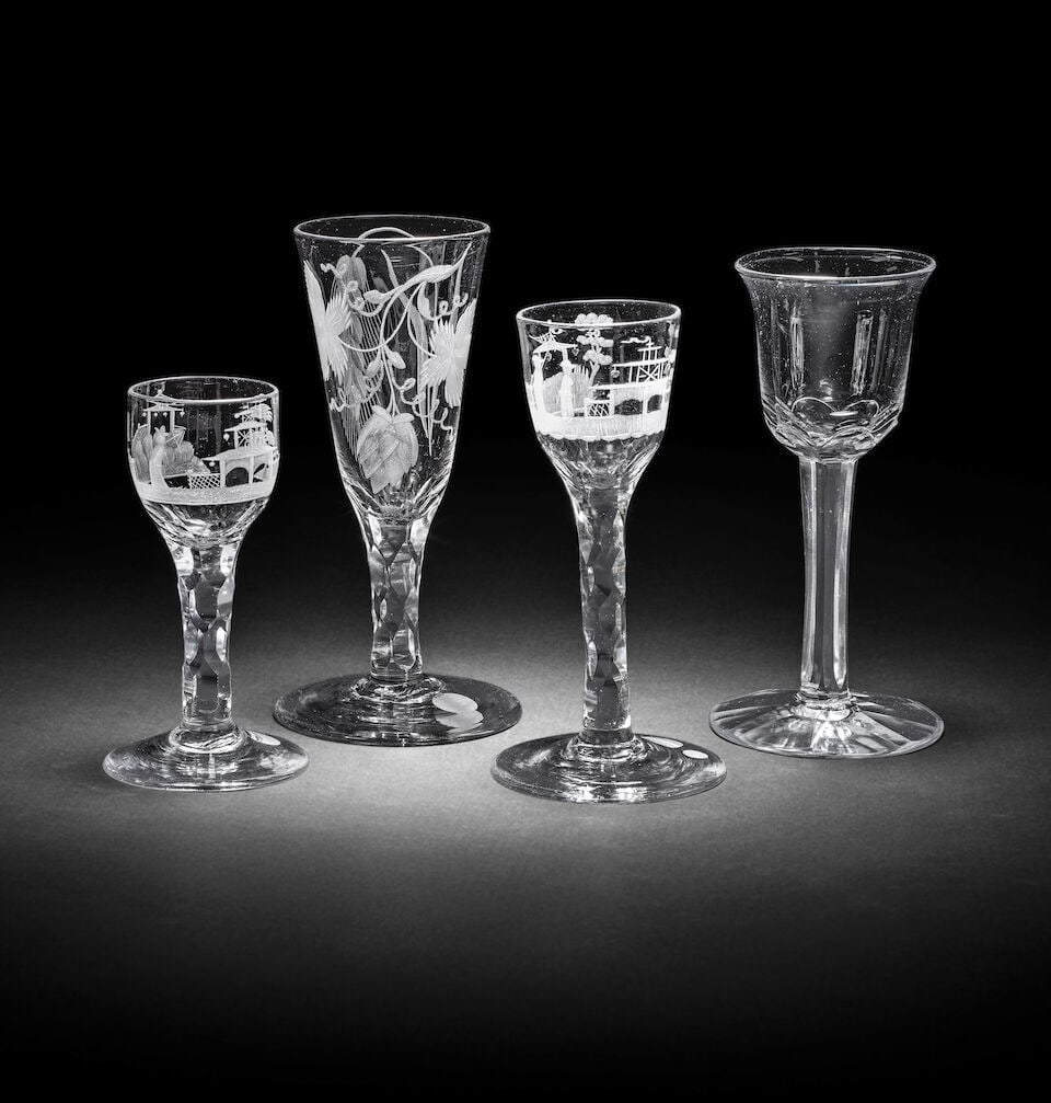 Three attractive facet-stem wine glasses and an ale flute, circa 1765-75 (1 of 1)