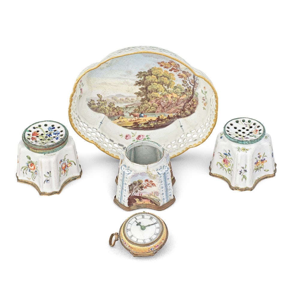 A South Staffordshire enamel faux pocket watch, a counter tray and three pounce pots, circa 1770-80 (1 of 1)