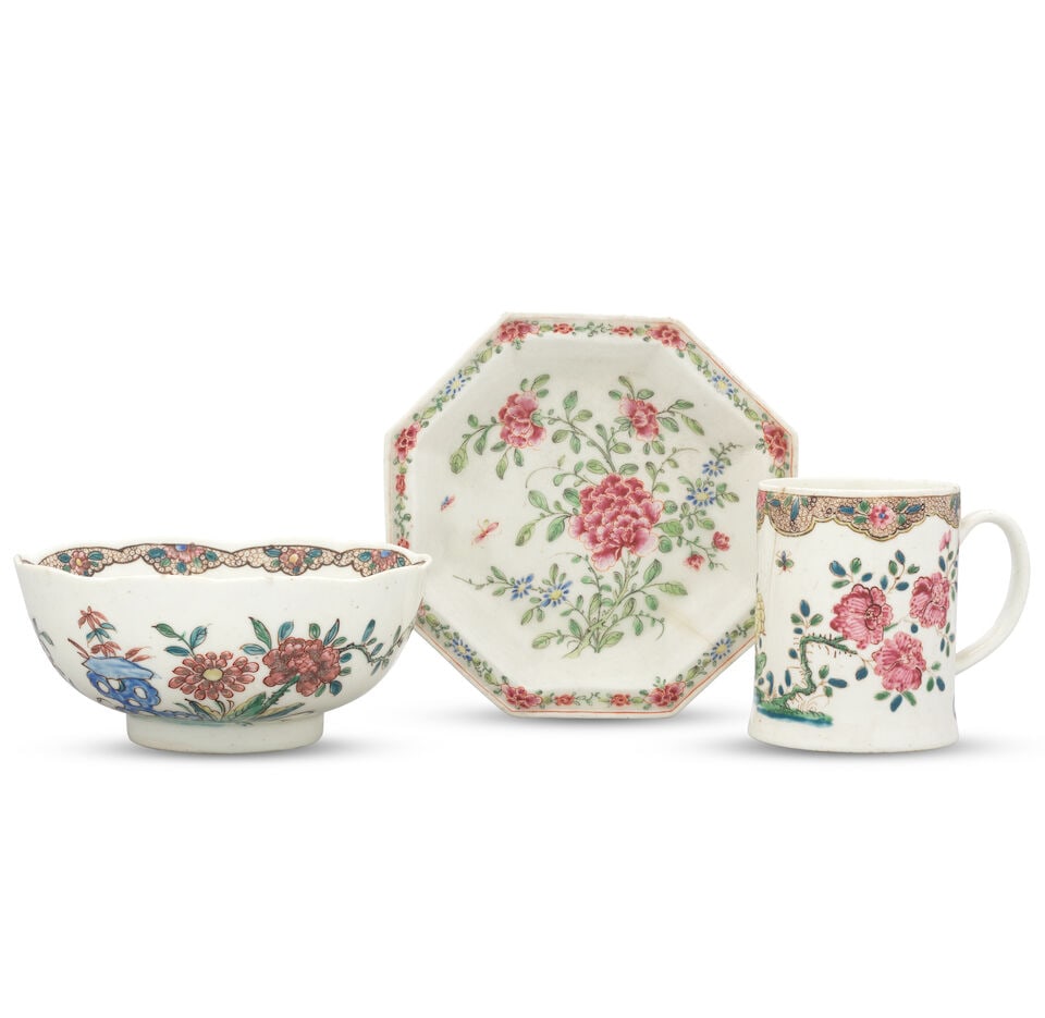A Bow bowl, a mug and a small dish, circa 1750-56 (1 of 1)