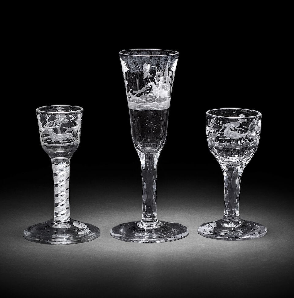 Three attractive engraved glasses of hunting interest, circa 1765-75 (1 of 1)